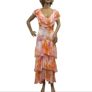 WAYF Dress Chelsea Flowy Tiered Ruffled Maxi Multicolor‎ Peach/Pink/White S